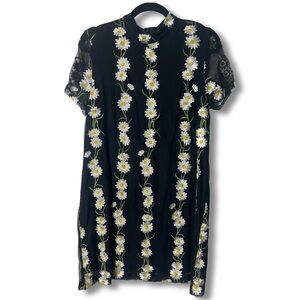 Forever 21 Black Mesh Embroidered Daisy Mock Neck Short Sleeve Mini Dress L